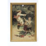 An early 20th century coloured Pear's print after Fred Morgan titled: “The Swing”, 26” x 17”,