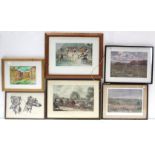 Six decorative pictures; a folder of prints, & a small rectangular wall mirror.