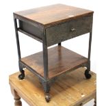 An industrial teak & metal square two-tier occasional table, fitted drawer to the upper tier & on