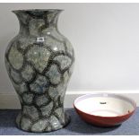 A Rachel Barker studio pottery bowl, 12½” diam.; a large pottery ovoid vase (w.a.f.), 23” high; &