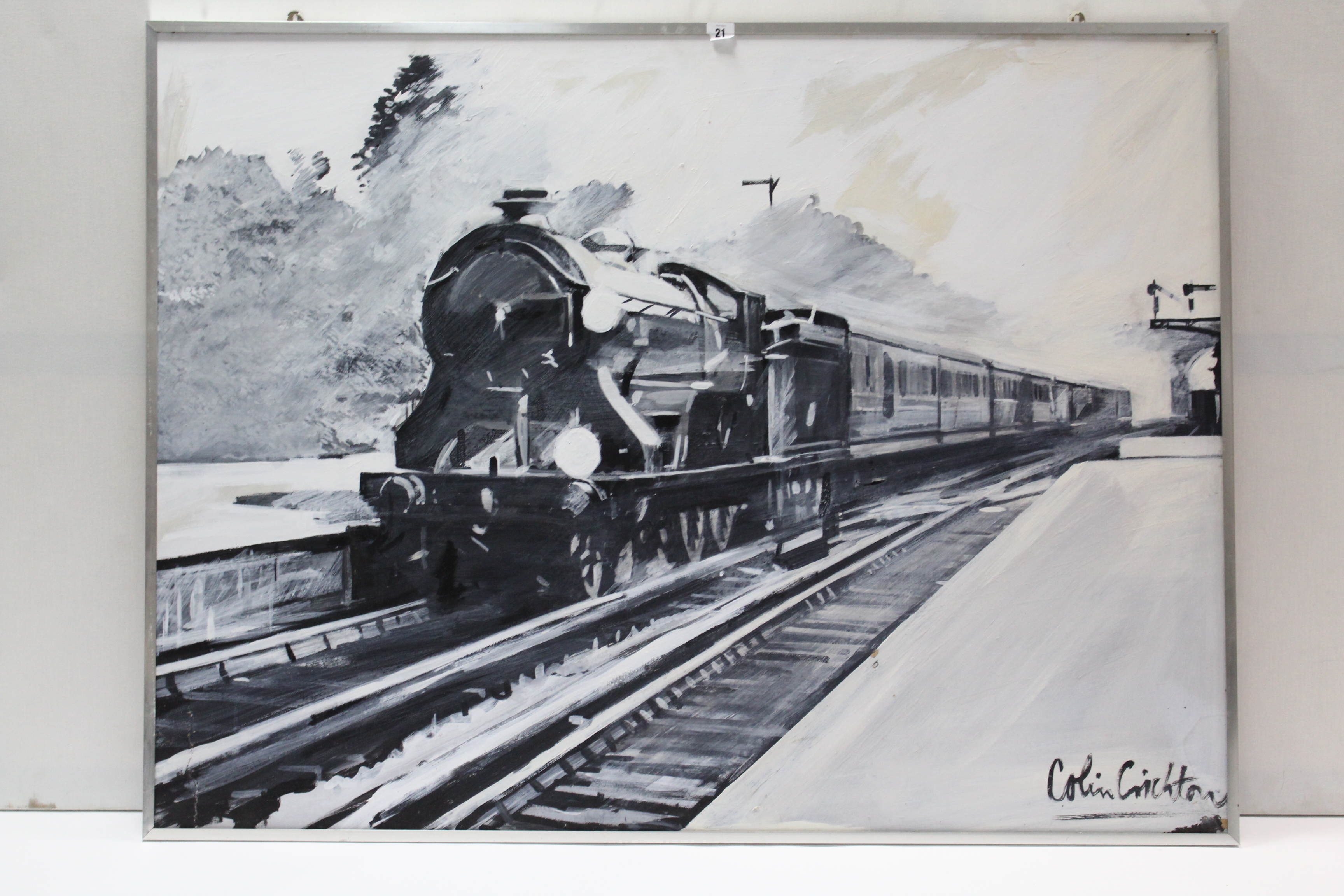 A large watercolour painting by Colin Chrichton of a steam engine, signed, 35¼” x 47¼”; together