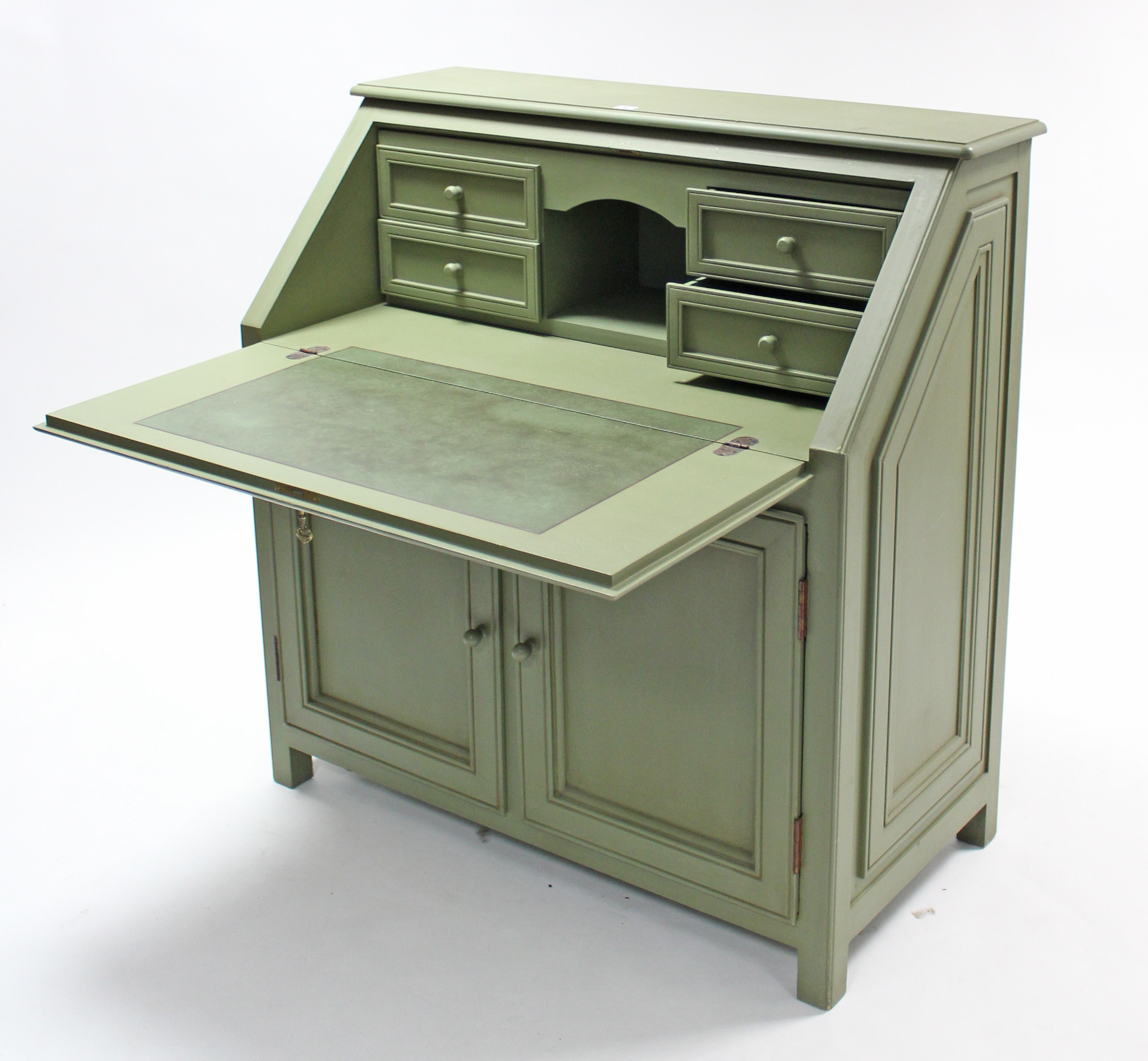 A continental-style green painted wooden bureau, with fitted interior enclosed by fall-front above - Image 2 of 4