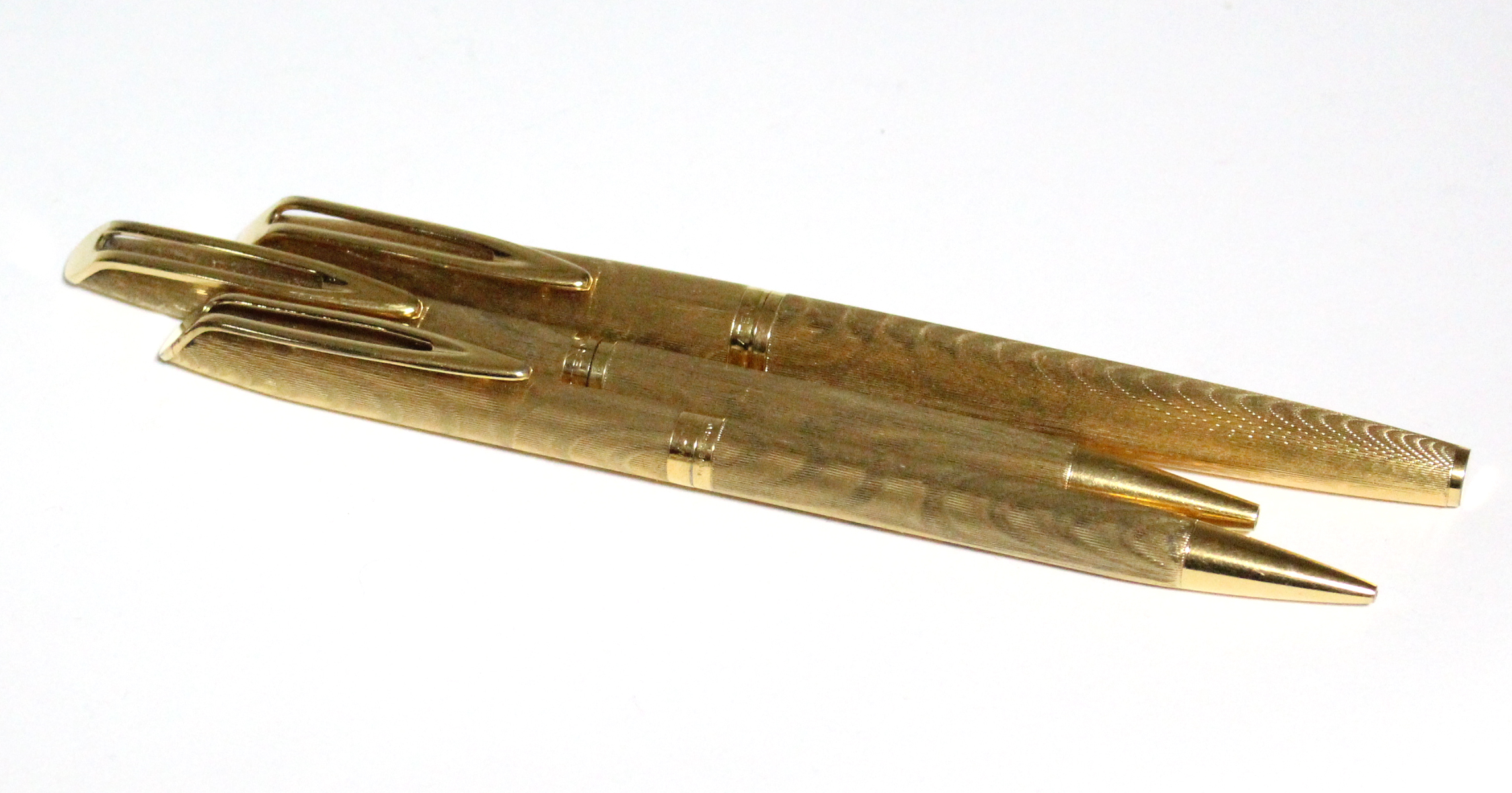 A set of three Waterman 'Plaque OR G' pens, comprising: fountain pen, ball-point pen, & propelling