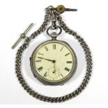 A George V silver cased pocketwatch with black roman numerals to the off-white dial, & with plated