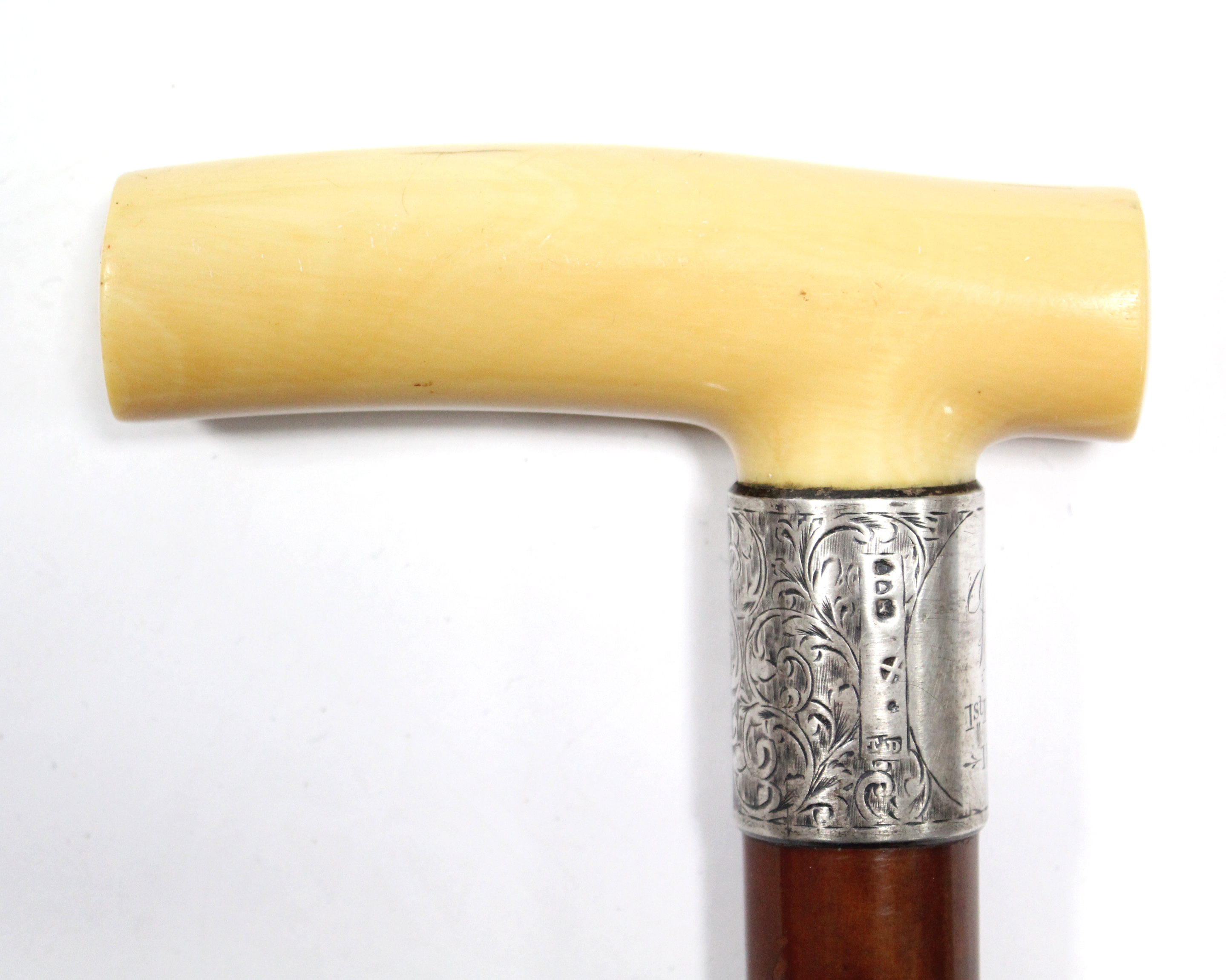 A late Victorian gents walking cane with ivory handle, & with silver collar inscribed “1st PRIZE