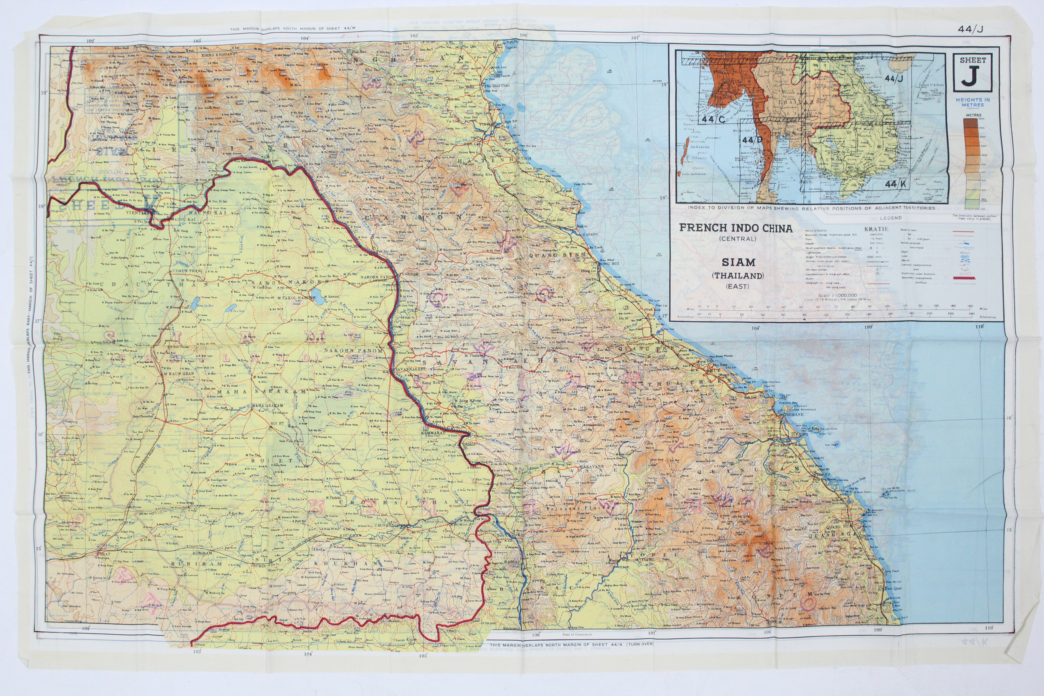 A mid-20th century double-sided pilots map “FRENCH INDO CHINA” (Sheet J & K), 24” x 37½”