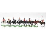 Eight Britains painted metal equestrian soldier figures, unboxed.