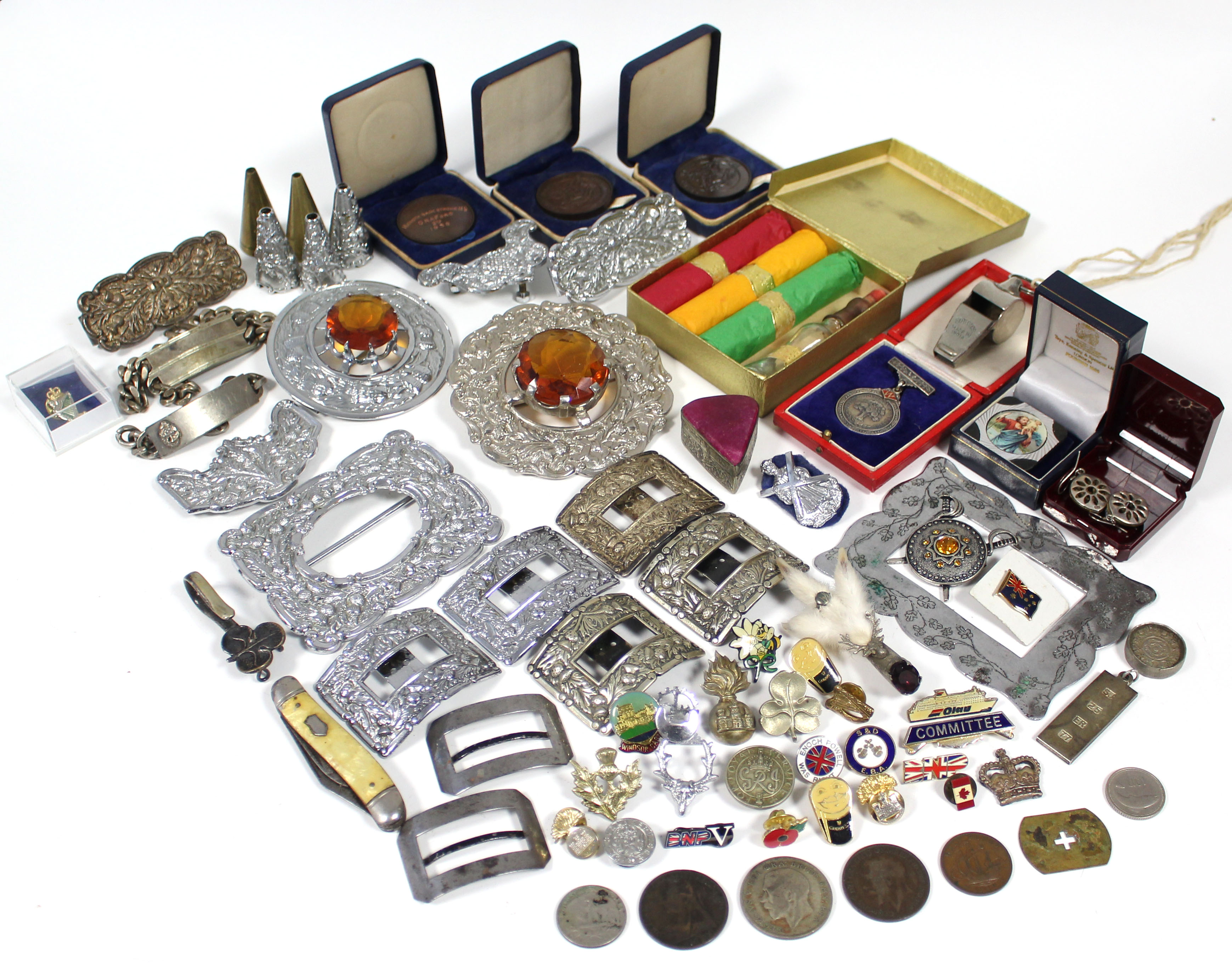 Six plated buckles; various items of costume jewellery; a penknife; & sundry other items.