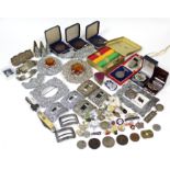 Six plated buckles; various items of costume jewellery; a penknife; & sundry other items.