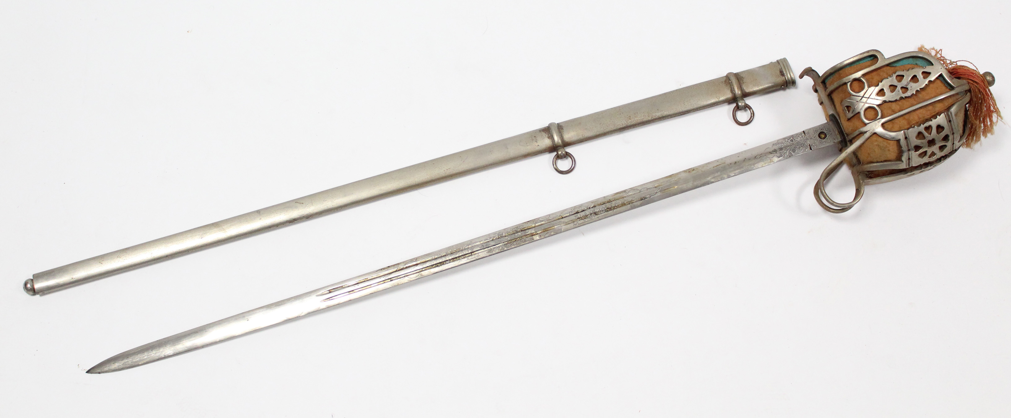 A replica cavalry officer’s sword with basket hilt, 32” long blade, & with scabbard.