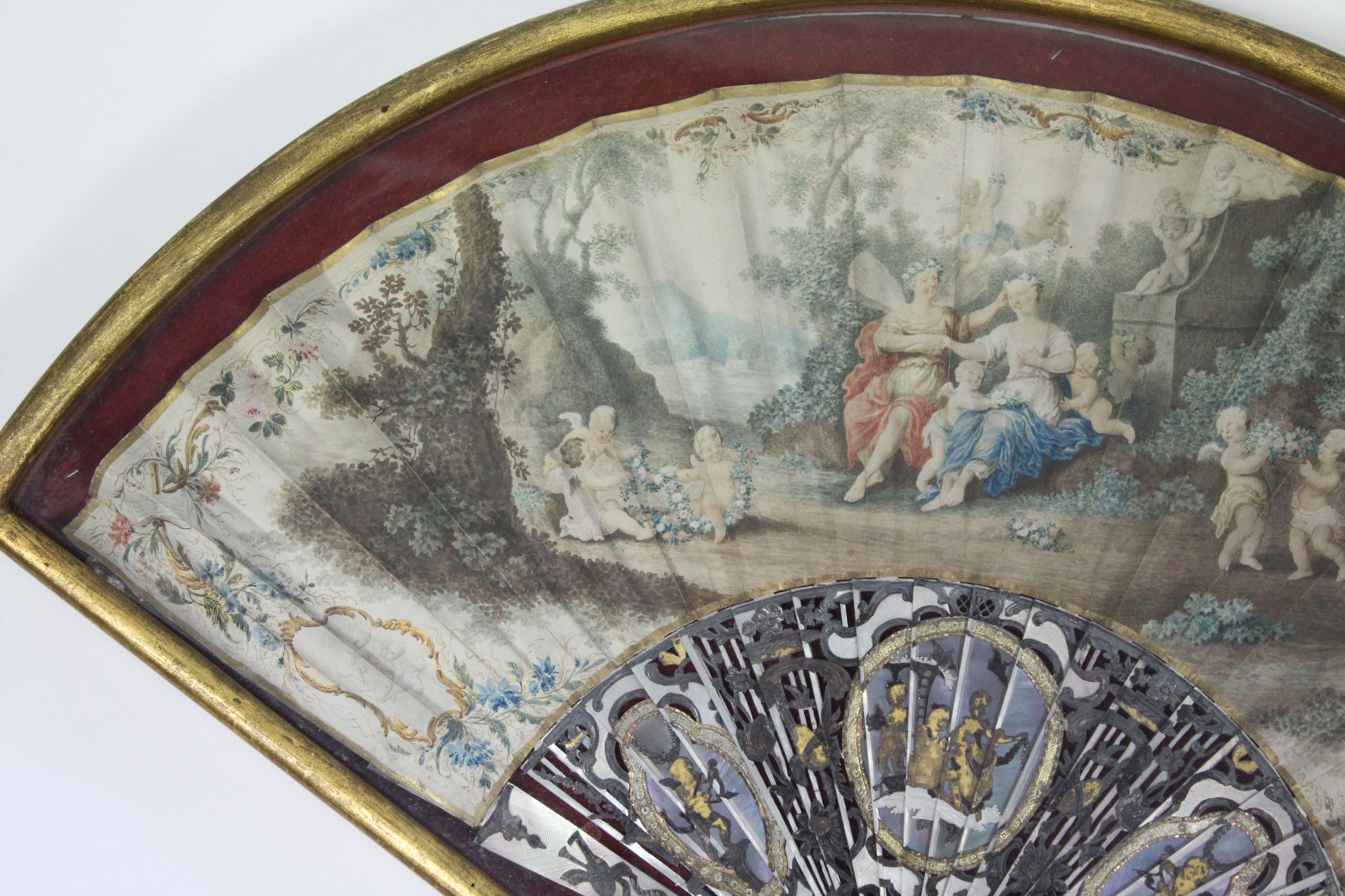 A LATE 18th century PAINTED FAN, decorated with a classical figure scene within a floral border, the - Image 3 of 5