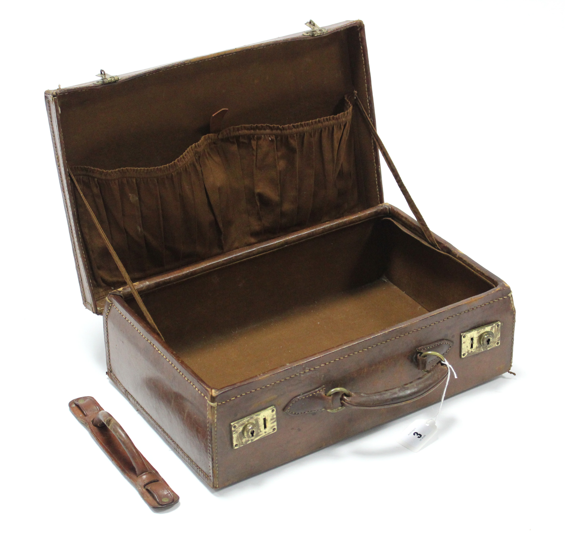 A late 19th/early 20th century small tan leather suitcase fitted brass twin-lever locks, 16” wide; - Image 4 of 4