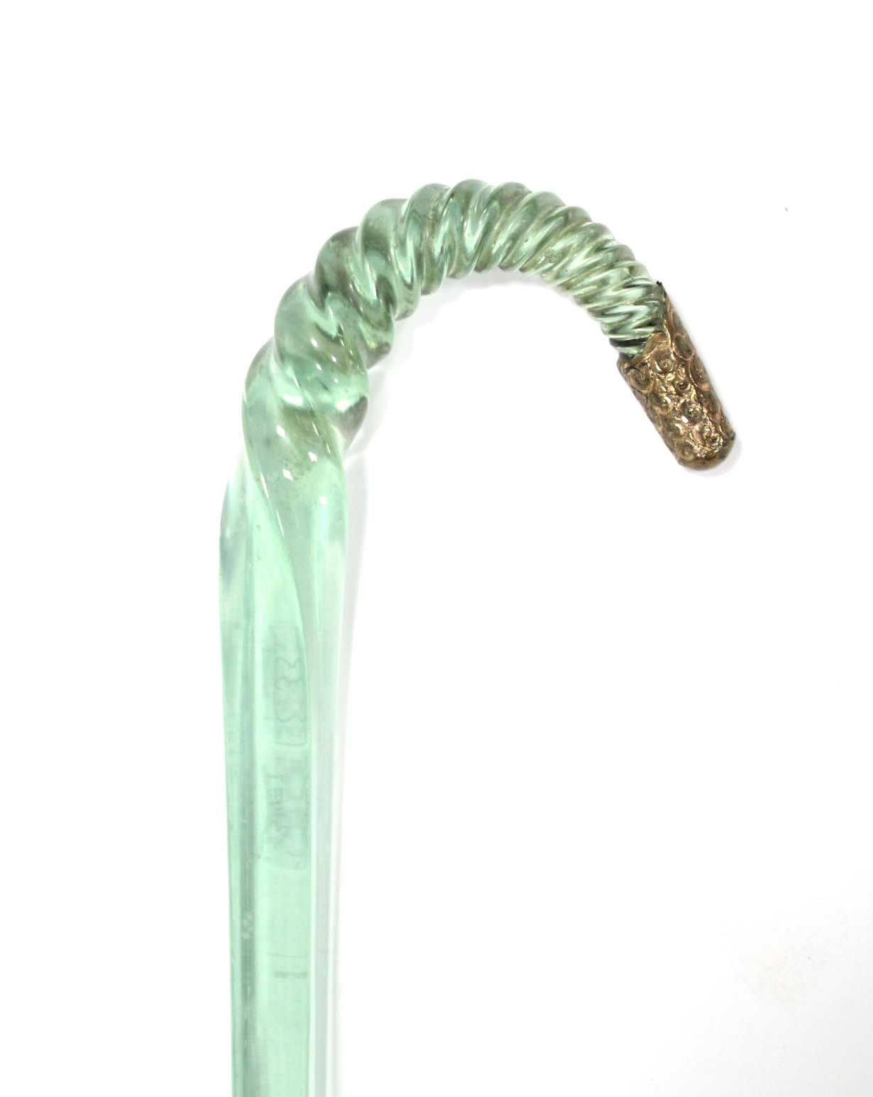 An unusual Victorian pale green walking cane of square tapered section, the spiral-twist handle with