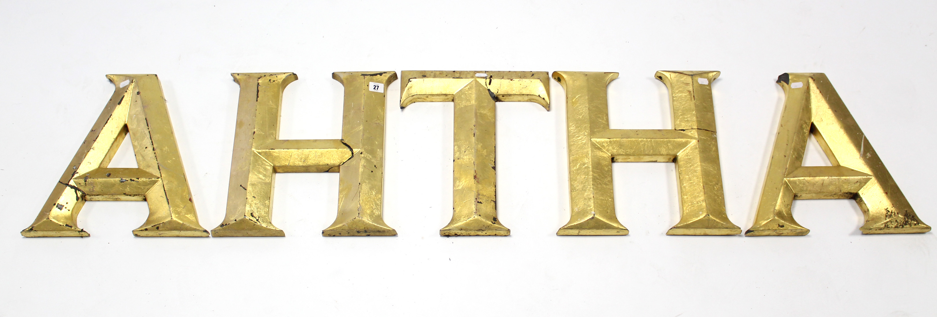 Five large gilded-metal letters “A” (x2), “H” (x2), & “T”, each 14½” high.