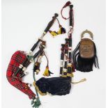A sporran; two bagpipes; & various bagpipe fittings.
