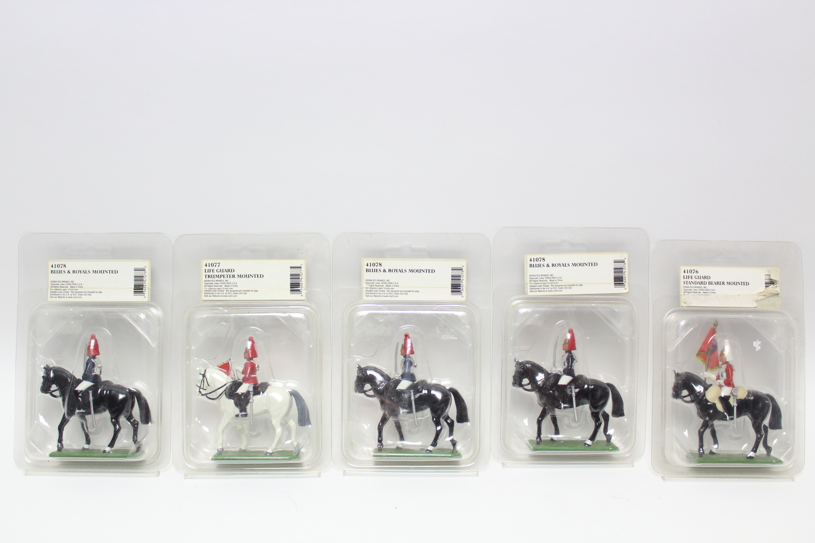 Five Britains figures “Blues & Royals Mounted” (x3) “Life Guard Trumpeter Mounted”, & “Life Guard