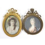 A 19th century portrait miniature of a young woman wearing a bonnet, 2½” x 2”; & another female