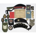Three various British military soft caps; various military cloth badges, etc