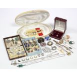 A Majolica synthetic pearl necklace, five tie-pins; & various other items of costume jewellery.