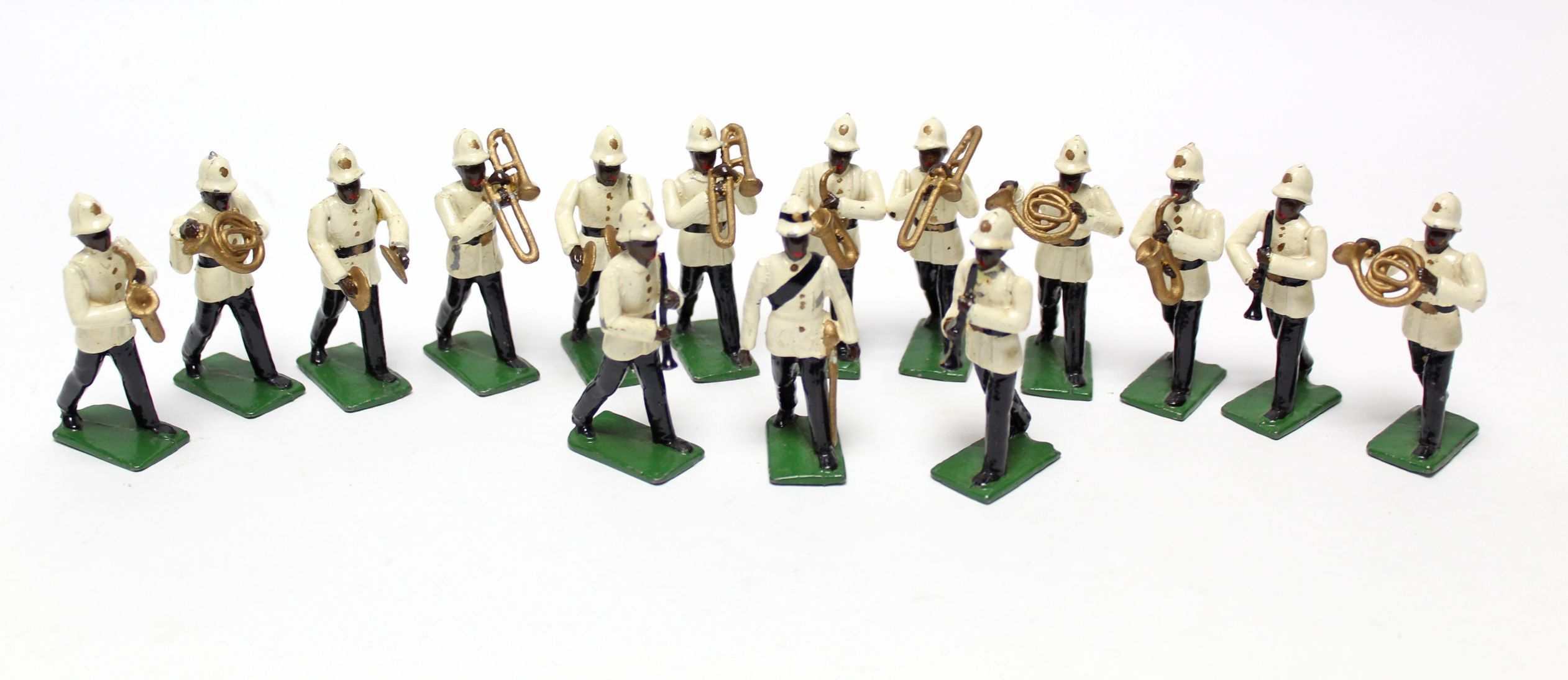 A part set of fifteen painted lead figures Trinidad & Tobago marching bandsmen, unboxed.