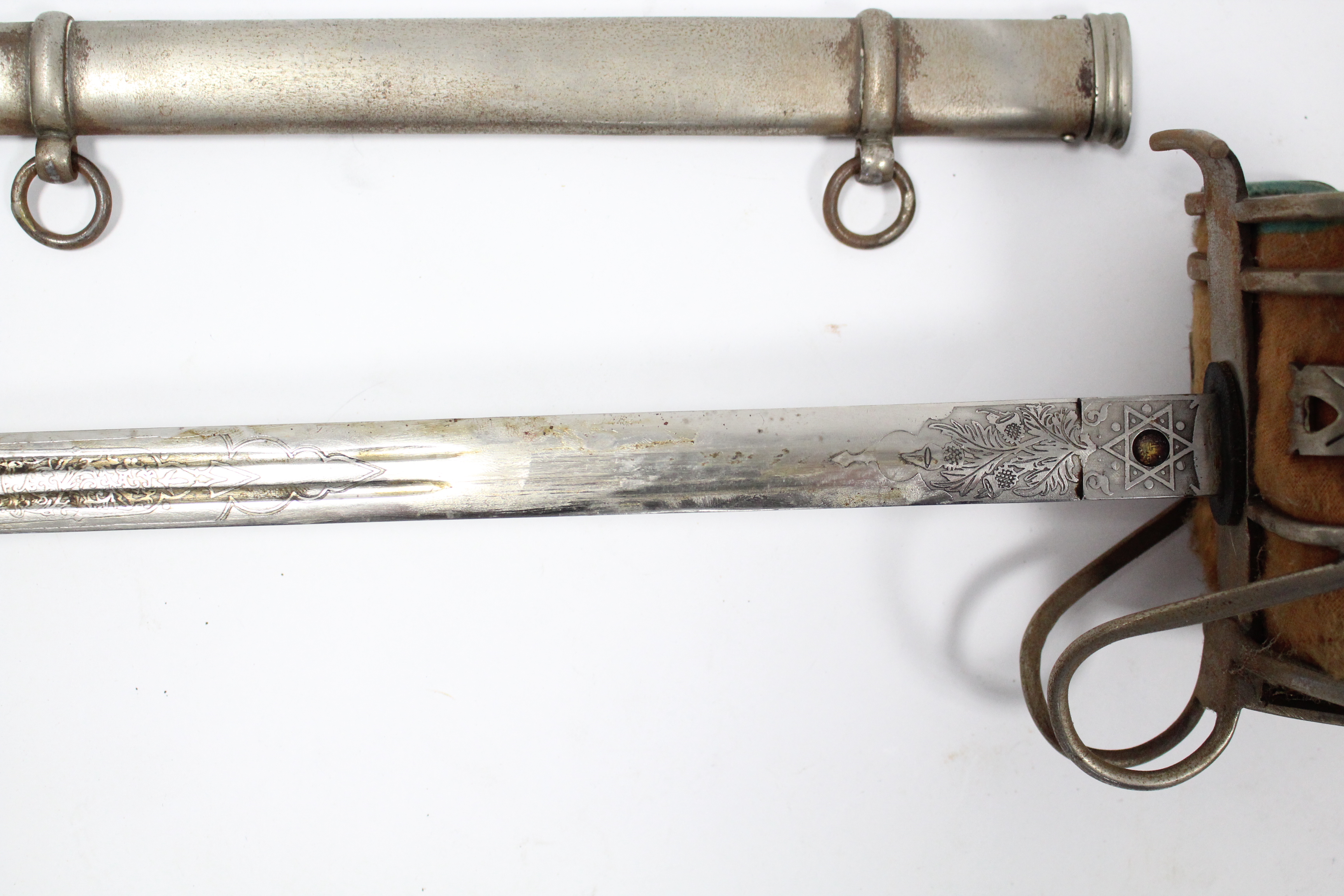 A replica cavalry officer’s sword with basket hilt, 32” long blade, & with scabbard. - Image 3 of 5