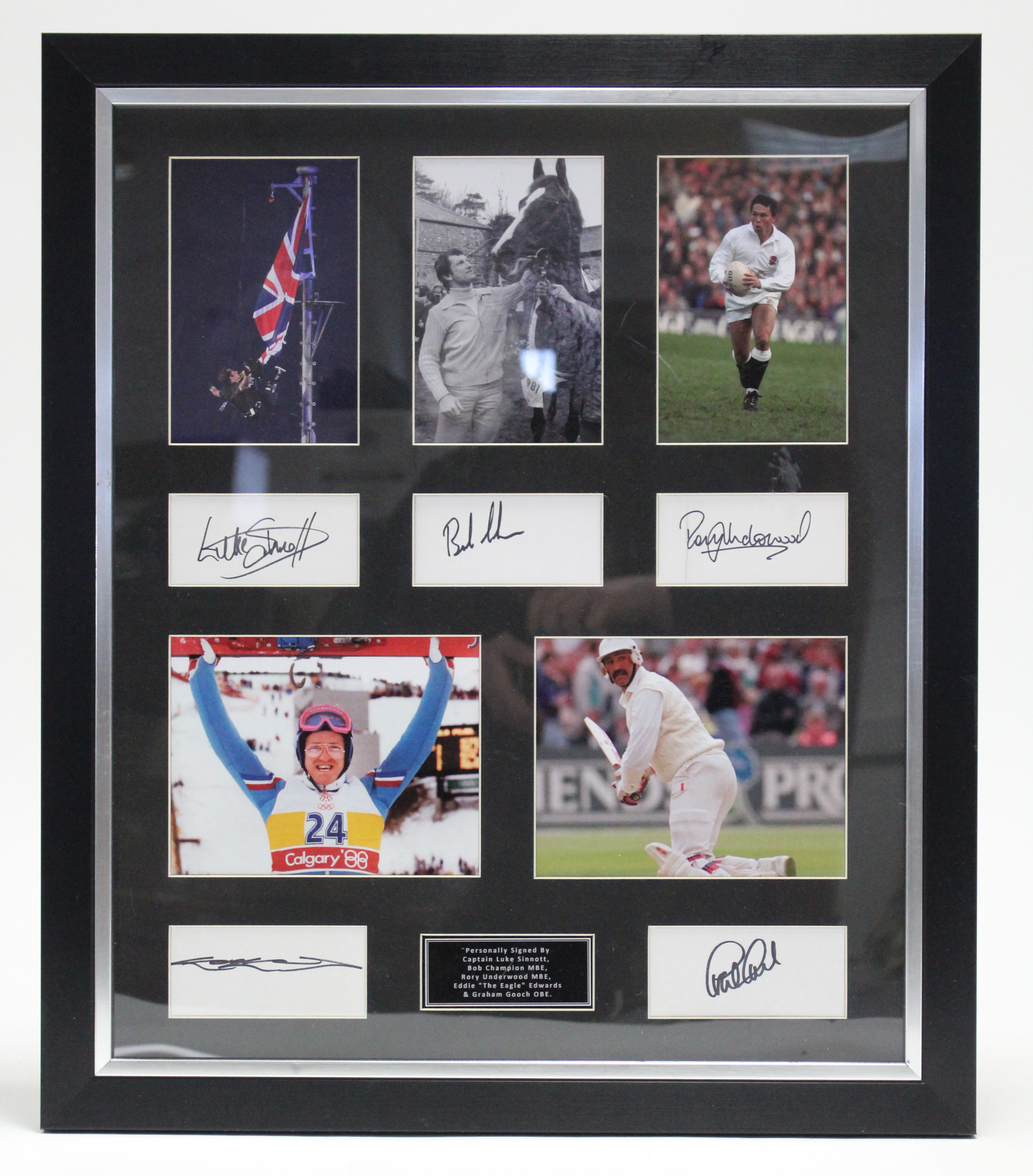 A display of five press photographs “Captain Luke Sinnott”; “Bob Champion MBE”; “Rory Underwood MBE”