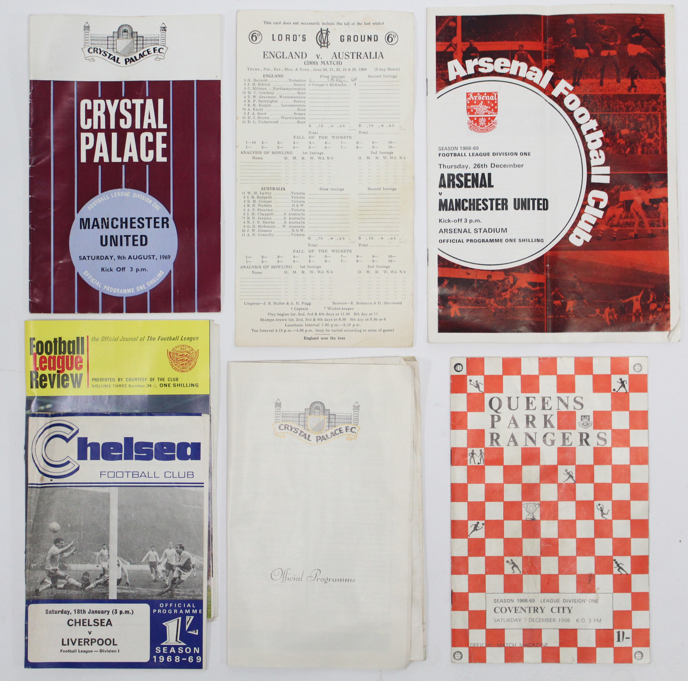 A 1968 “England v Australia” cricket score card (Lord’s Ground, 200th Match); & six various 1960’s