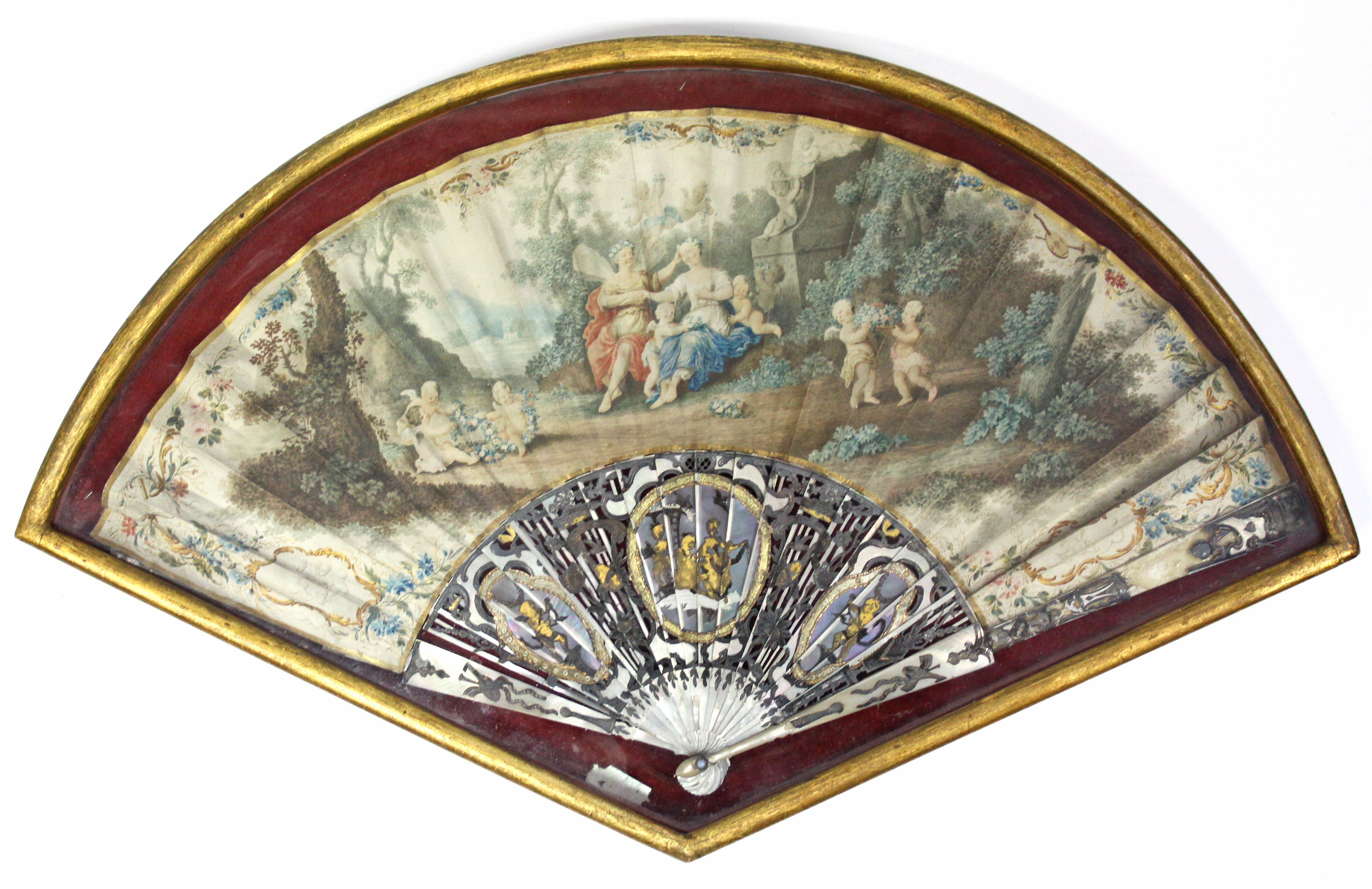 A LATE 18th century PAINTED FAN, decorated with a classical figure scene within a floral border, the