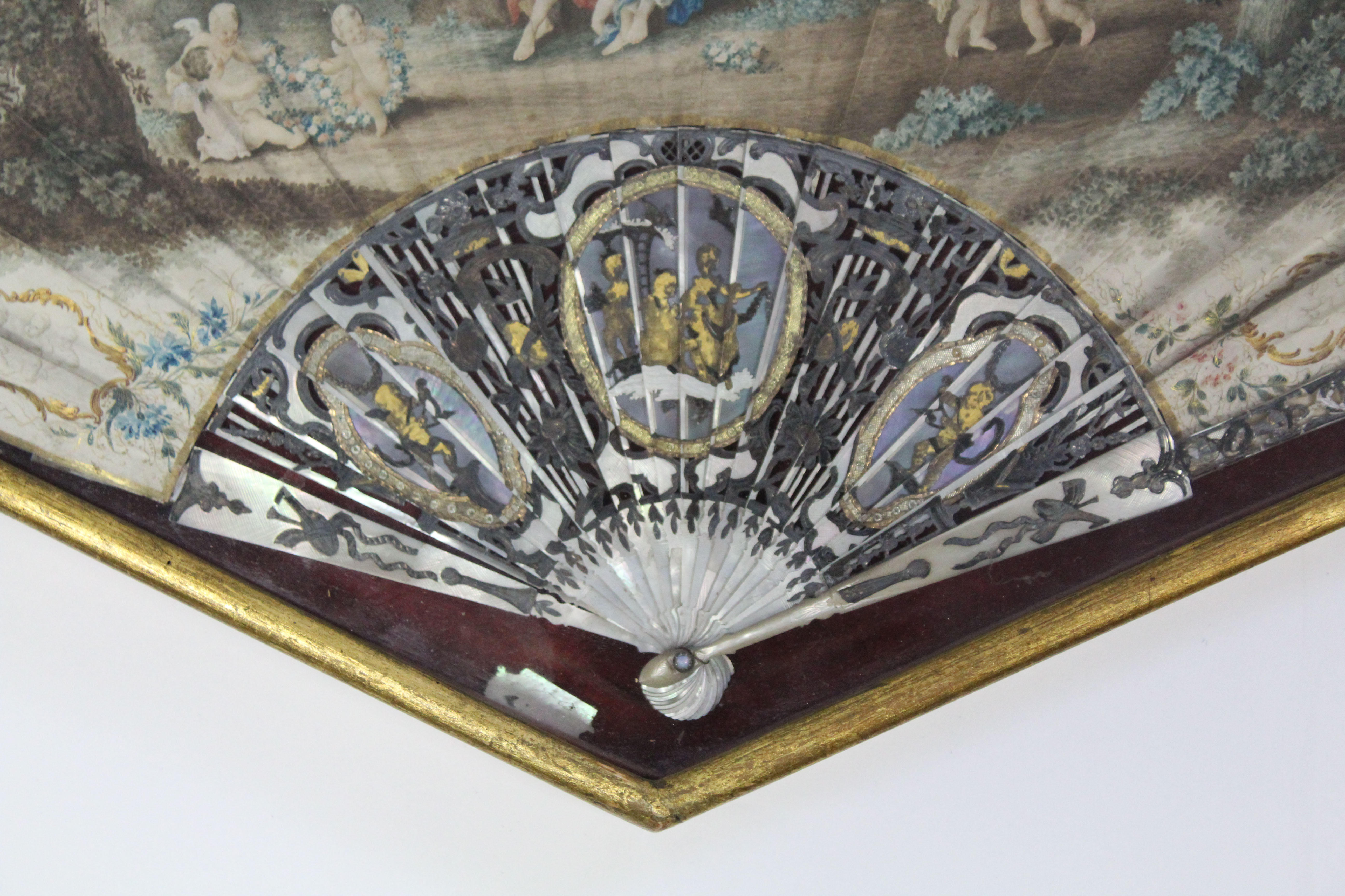 A LATE 18th century PAINTED FAN, decorated with a classical figure scene within a floral border, the - Image 4 of 5