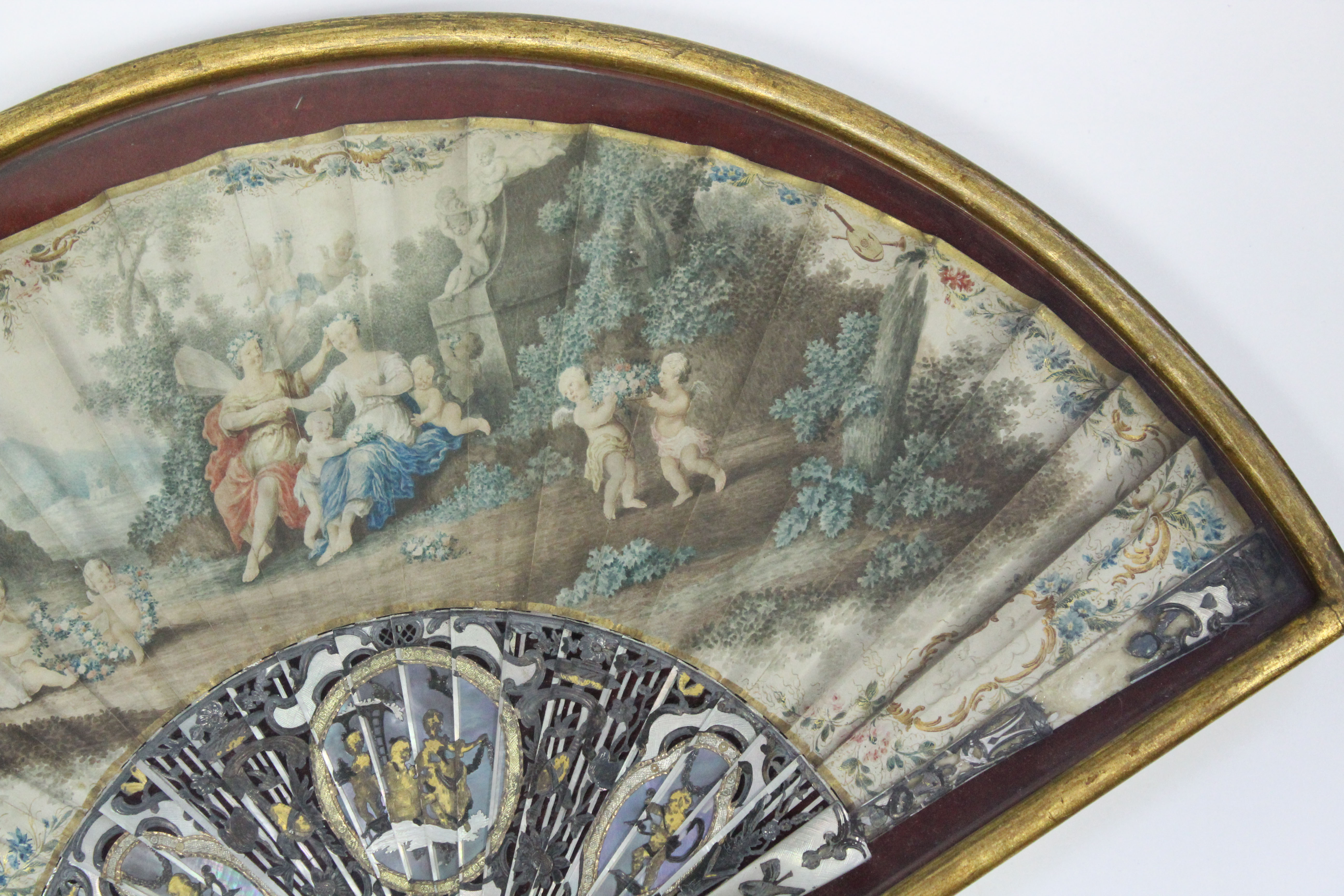 A LATE 18th century PAINTED FAN, decorated with a classical figure scene within a floral border, the - Image 2 of 5