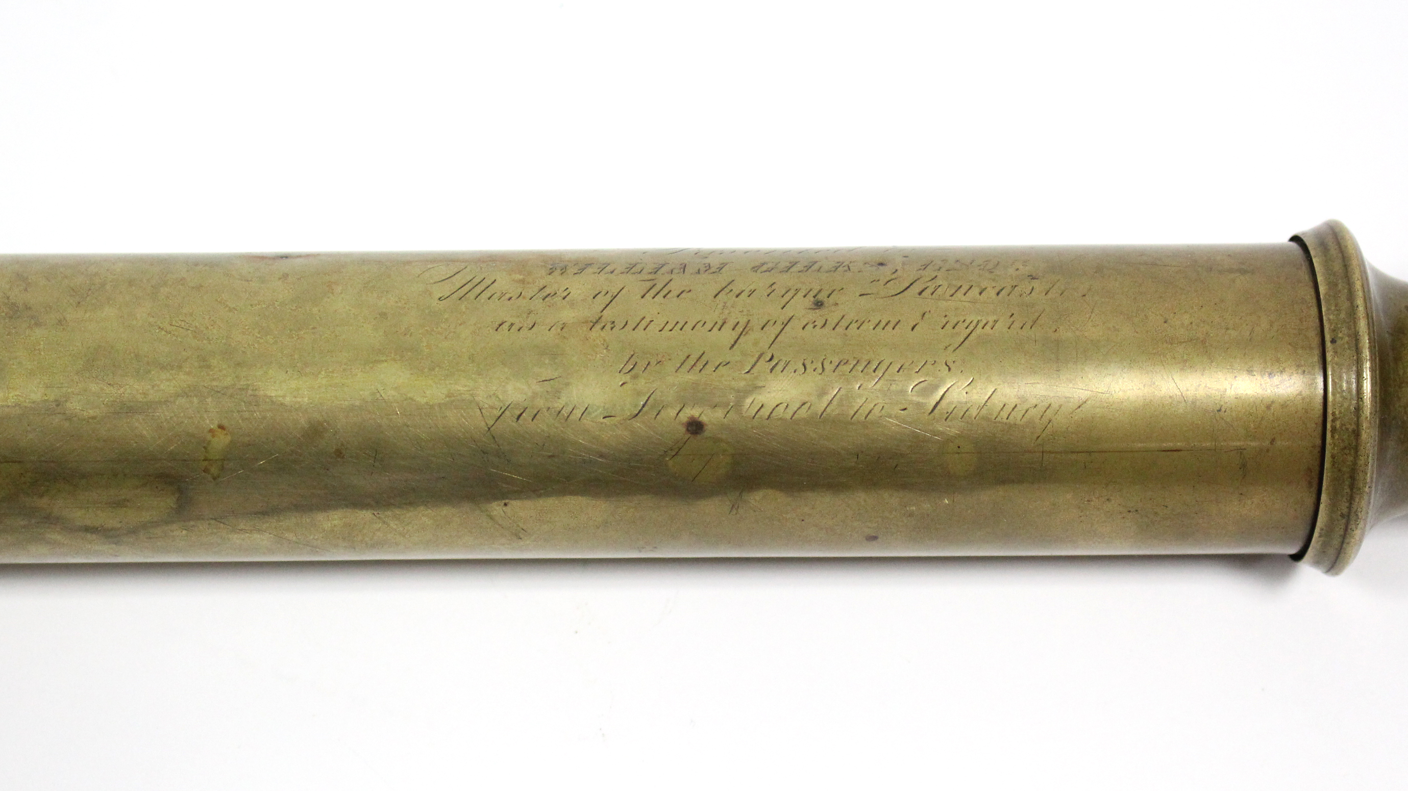 A 19TH CENTURY BRASS ONE-DRAWER NAVAL TELESCOPE with engraved inscription, “Presented to William - Image 4 of 7