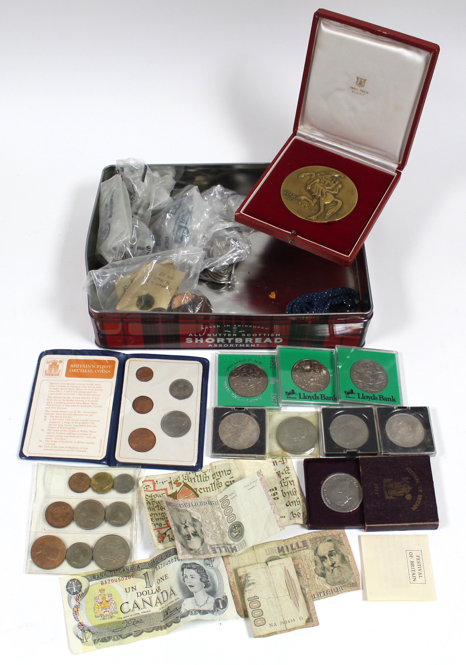 Various British & foreign coins, commemorative coins, banknotes, etc.