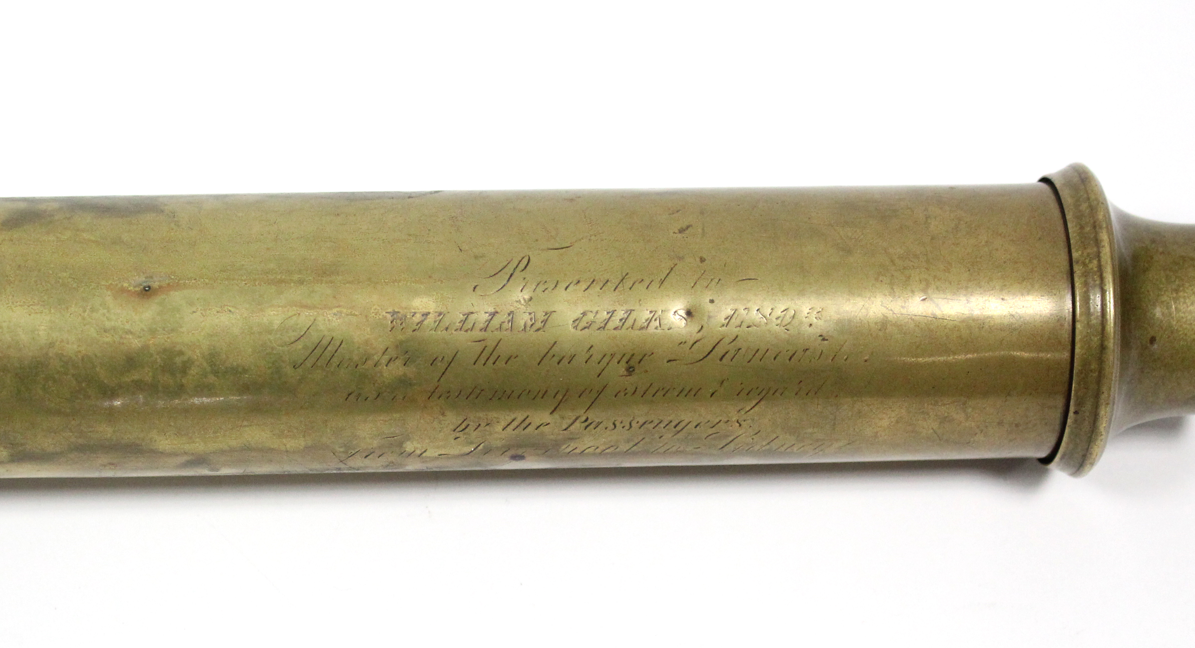 A 19TH CENTURY BRASS ONE-DRAWER NAVAL TELESCOPE with engraved inscription, “Presented to William - Image 3 of 7