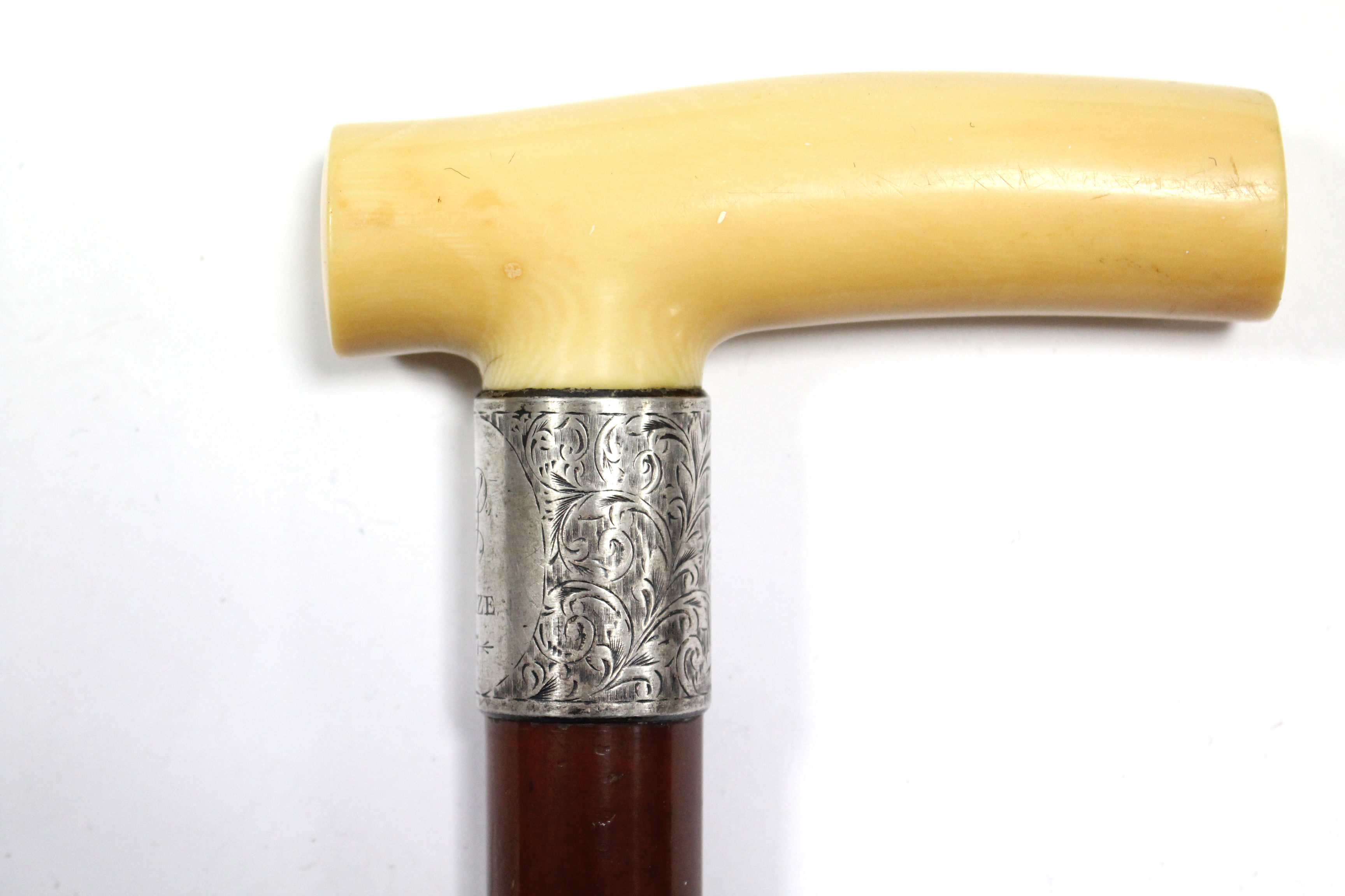 A late Victorian gents walking cane with ivory handle, & with silver collar inscribed “1st PRIZE - Image 3 of 4