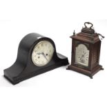 A reproduction bracket clock with silvered dial, & in oak case, 10½” high; & a 1930’s mantel clock