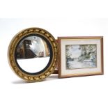 A gilt frame convex wall mirror with sphere border, 16 ¾” diameter; & a coloured print after