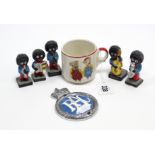 An “RAC” car membership badge; five Robertson’s Golly bandsmen figures; & a Keele St Pottery “