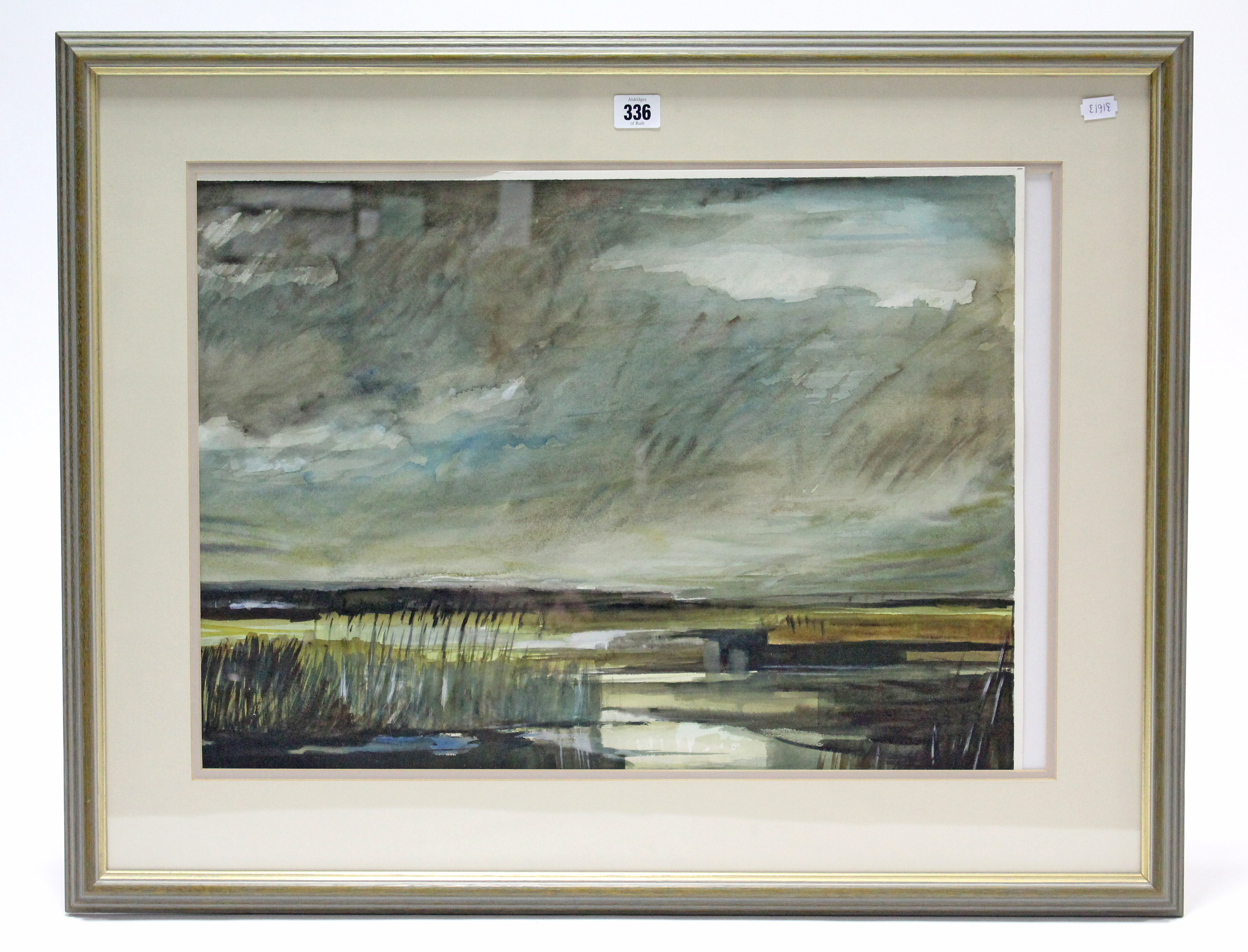 A large watercolour painting by Ralph Scott, of a wetlands scene, signed, 16” x 22½”, in glazed
