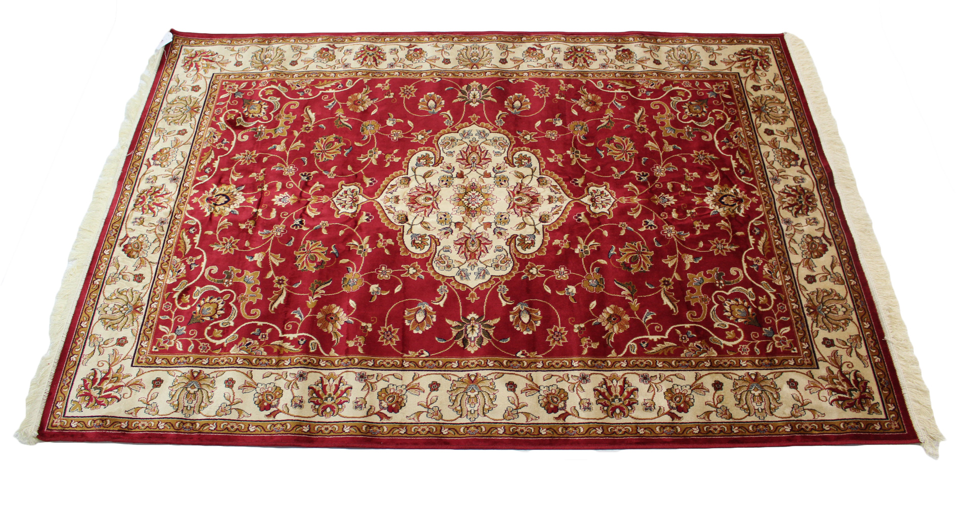 A Keshan carpet of crimson & ivory ground with centre medallion & with all-over repeating scroll