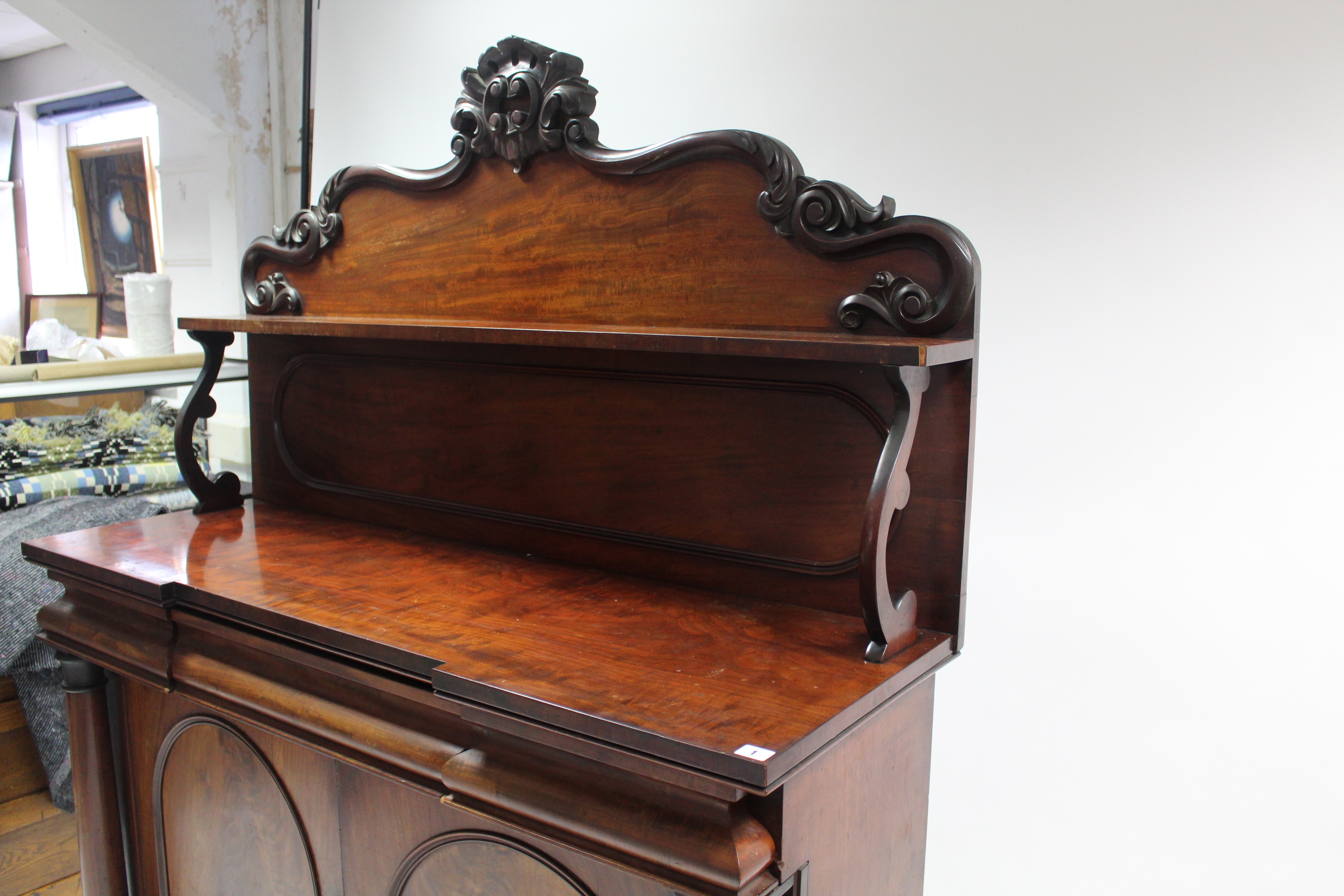 A Victorian mahogany inverted break-front chiffonier with open shelf to the shaped panel back, - Image 3 of 3