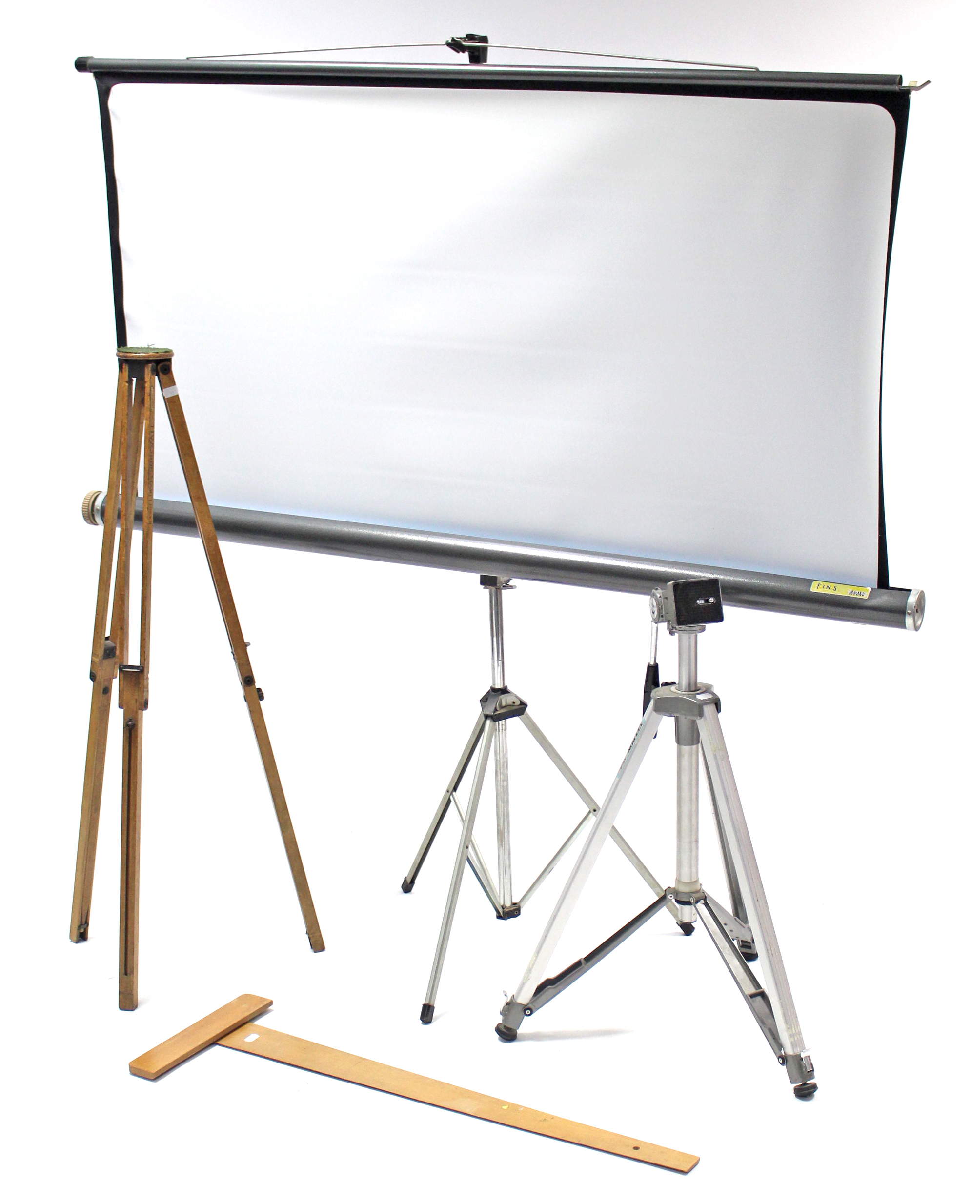 Two camera tripods; a projector screen; & a draughtsmen’s square.