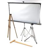 Two camera tripods; a projector screen; & a draughtsmen’s square.