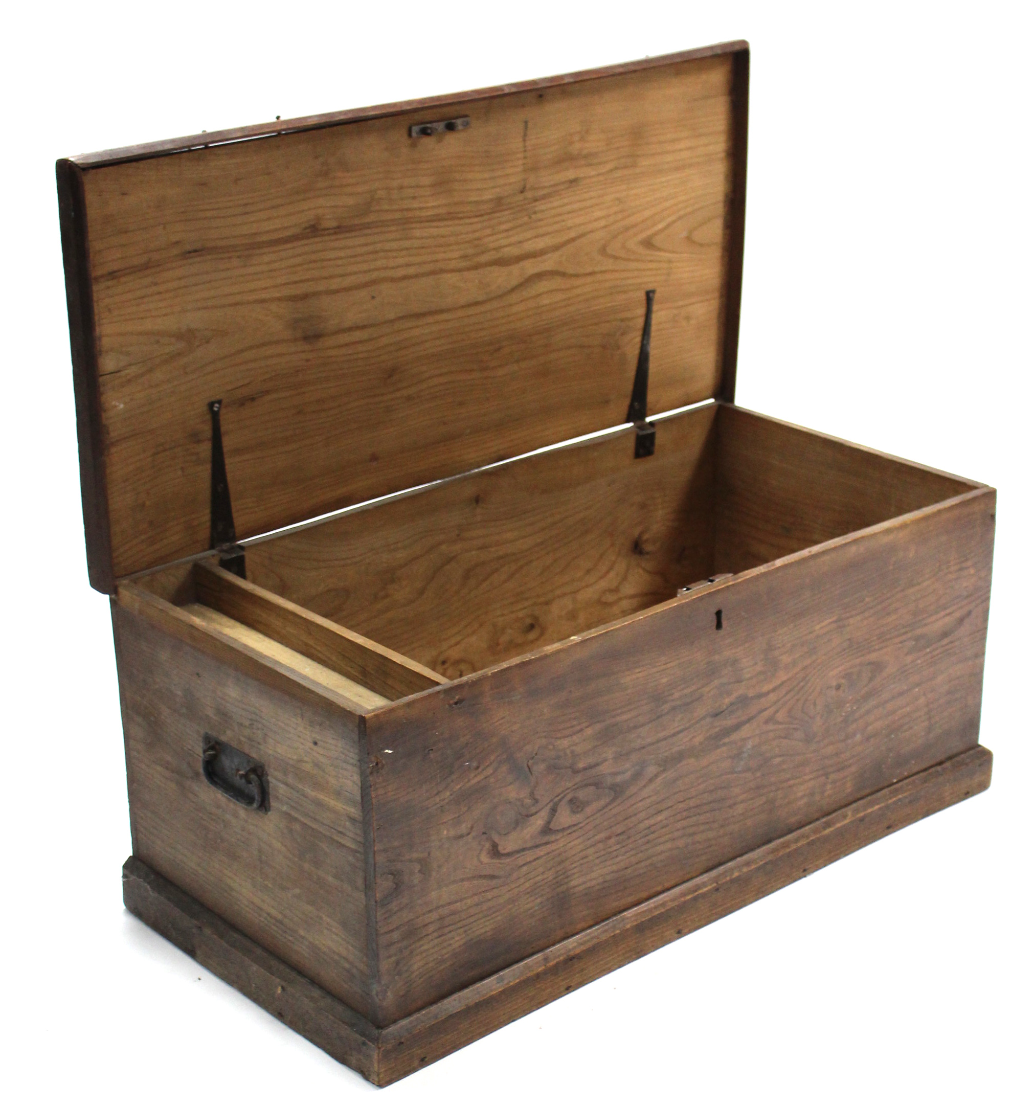 A 19th century elm blanket box with hinged lift-lid, wrought iron side handles, & on plinth base, - Image 2 of 3