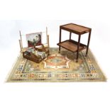 A teak rectangular two-tier tea trolley, 24” wide; together with a Belgian rug; & two tapestry