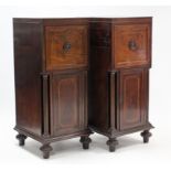A pair of inlaid-mahogany pedestals, each enclosed by two panel doors, with fluted round