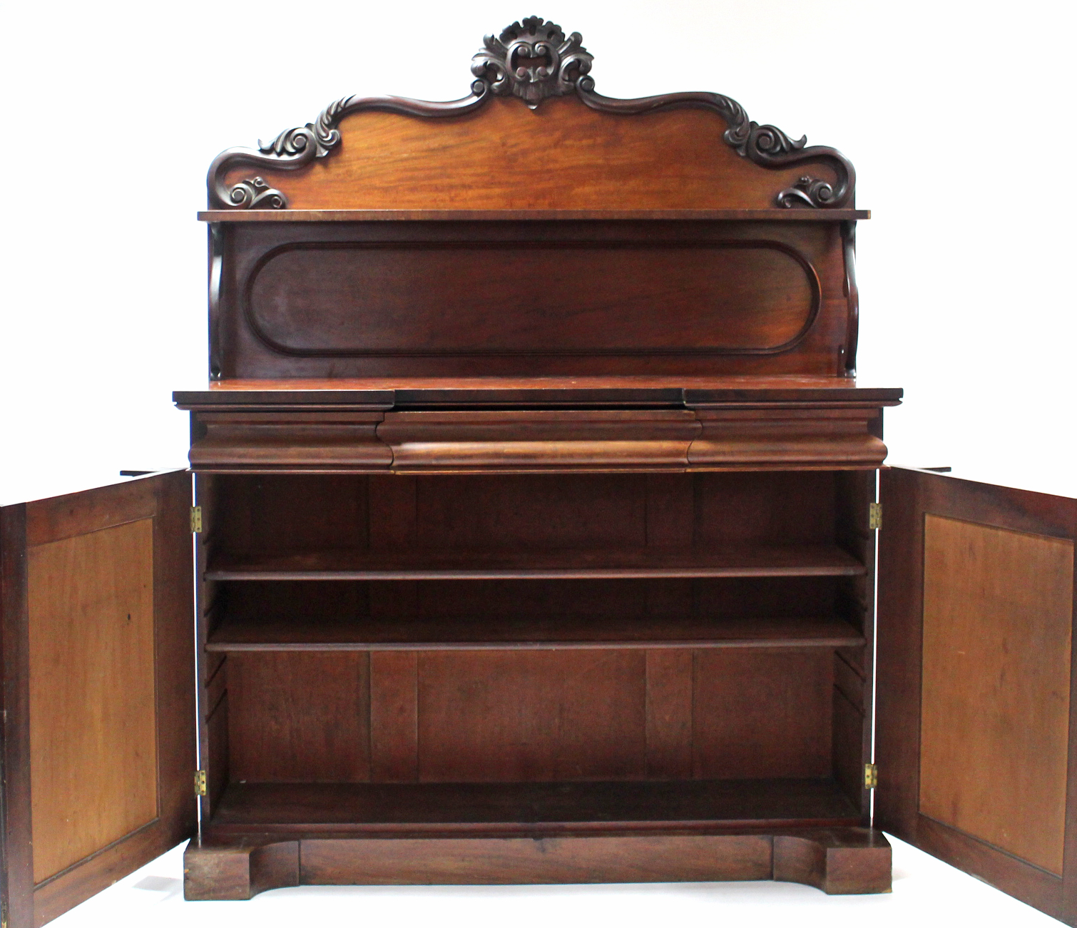 A Victorian mahogany inverted break-front chiffonier with open shelf to the shaped panel back, - Image 2 of 3