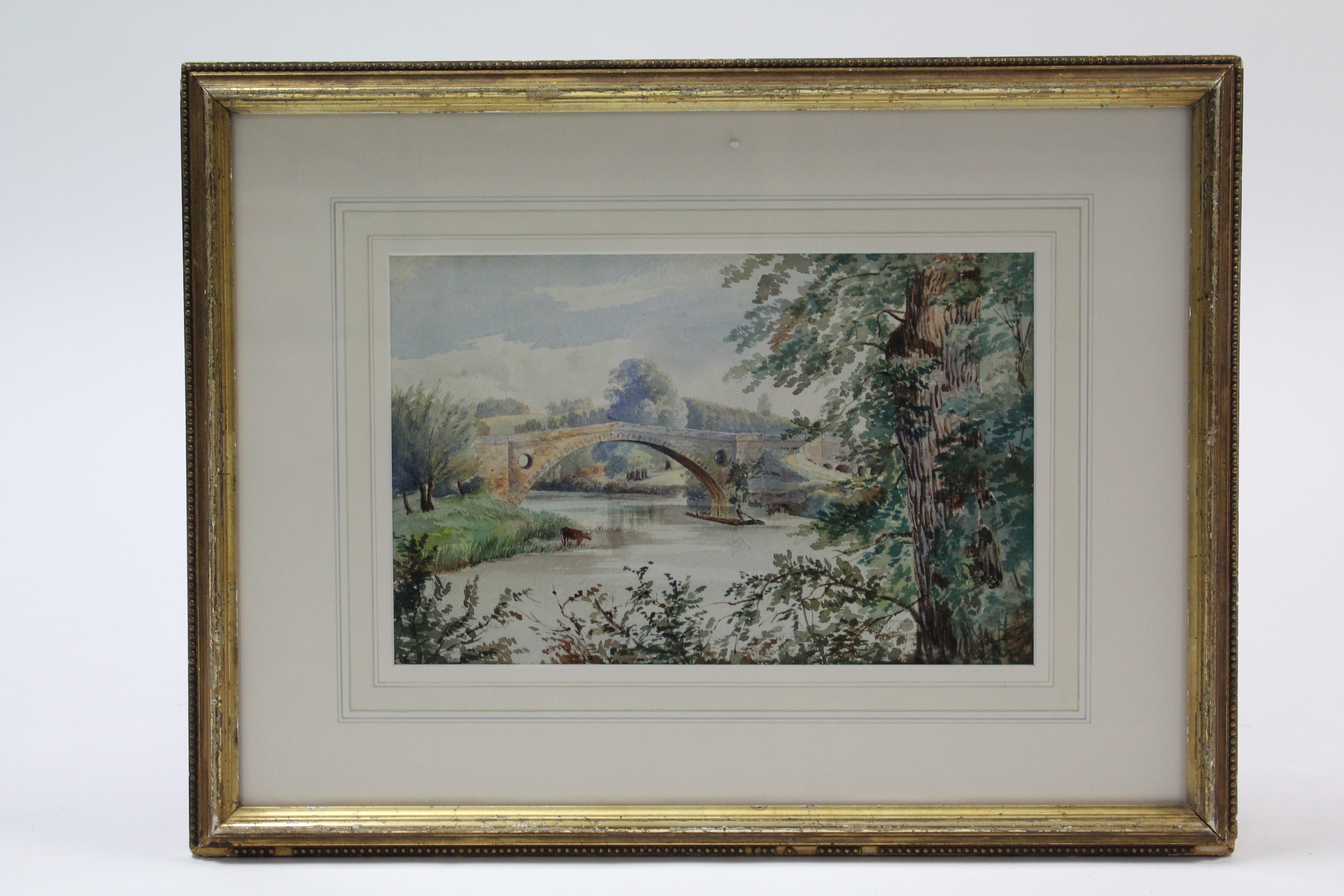 A large watercolour painting of a rural landscape with cattle & drover to the fore, unsigned, 15½” x - Image 2 of 5