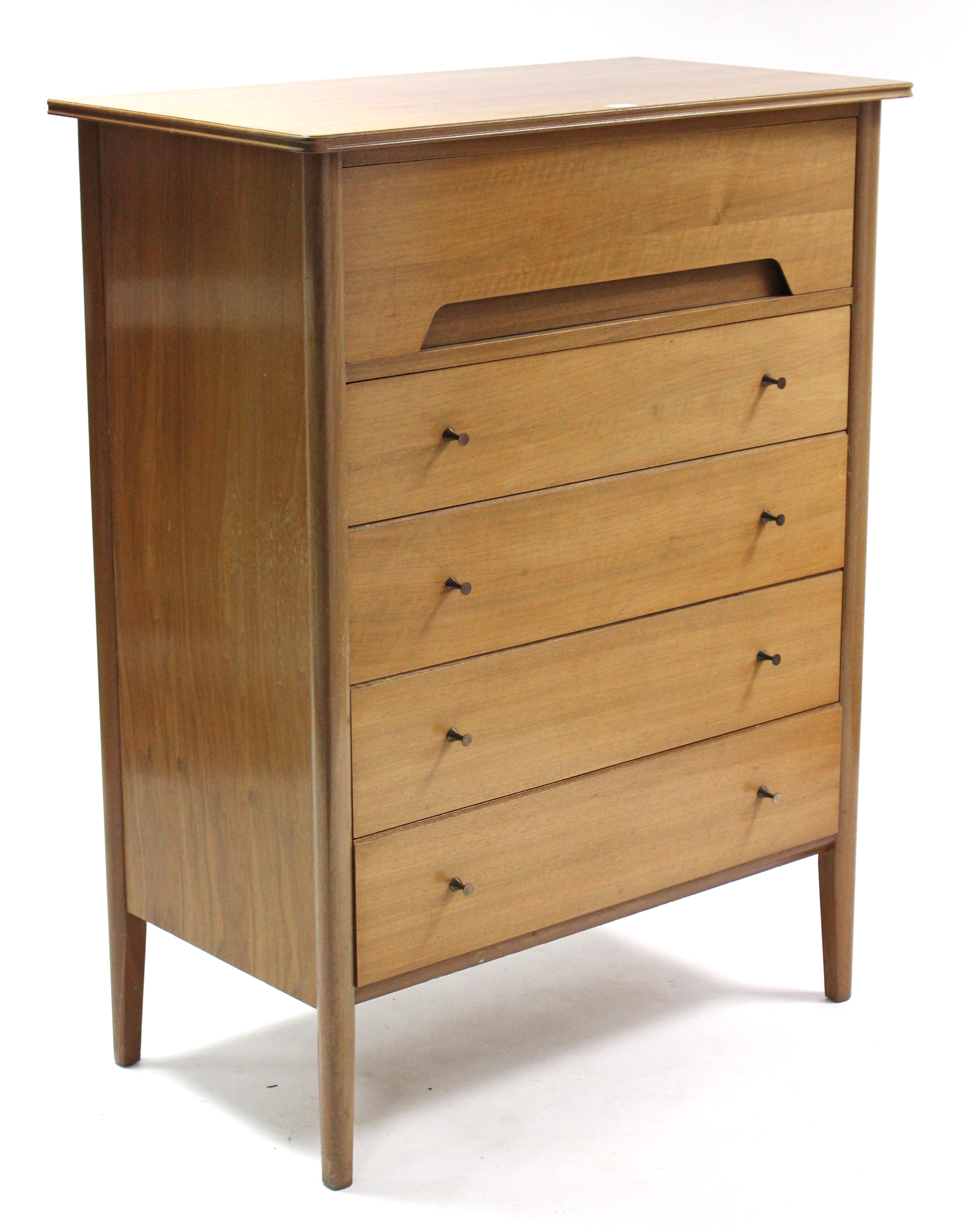 A mid-20th century mahogany-finish upright chest, fitted five long graduated drawers, 35¼” wide x