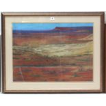 A large pastel study of a desert scene signed E. ME & dated 05, 20” x 27¼”; a coloured linocut