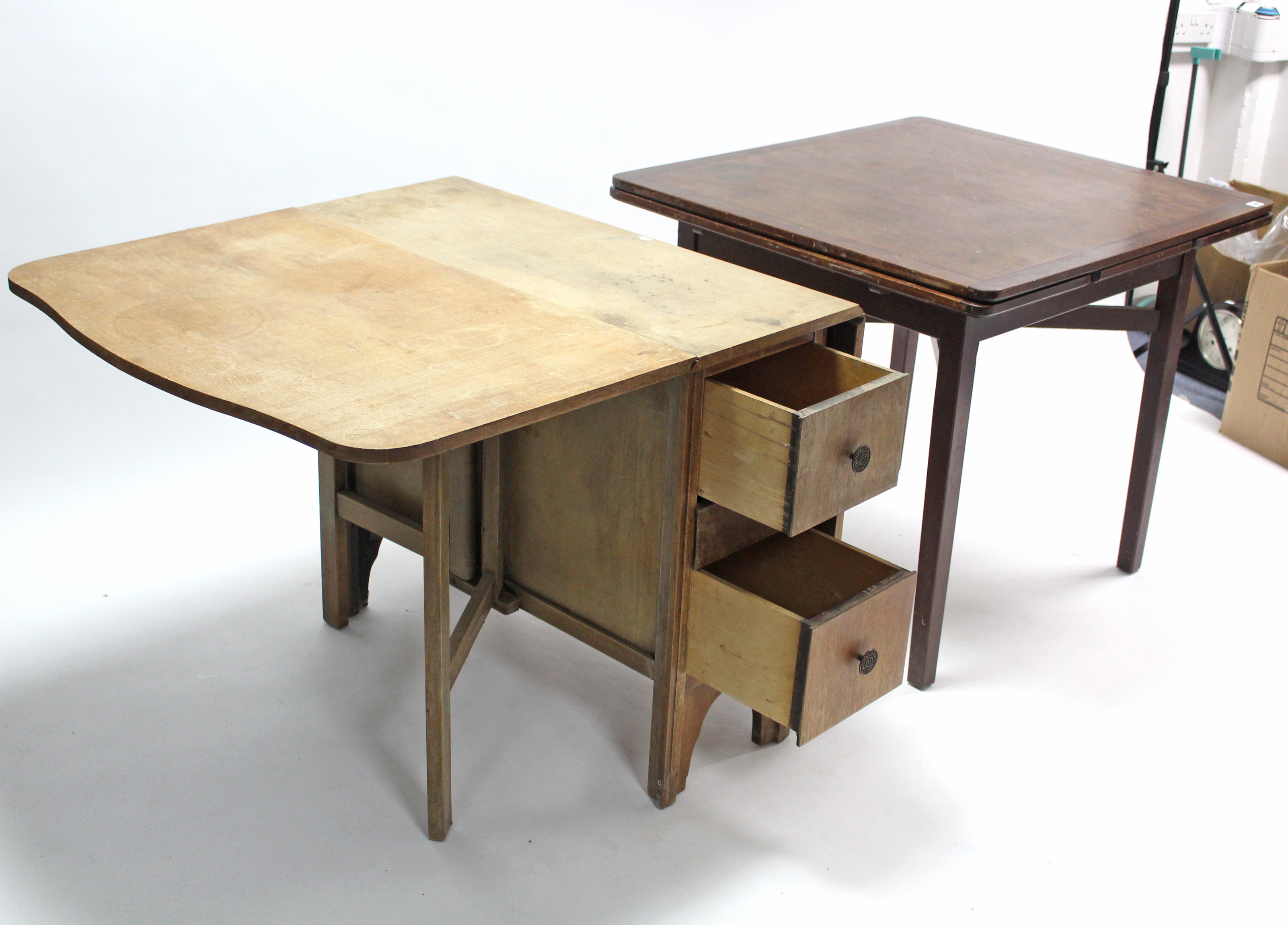 A mid-20th century mahogany draw-leaf dining table on square tapered legs with diagonal stretcher, - Image 2 of 5